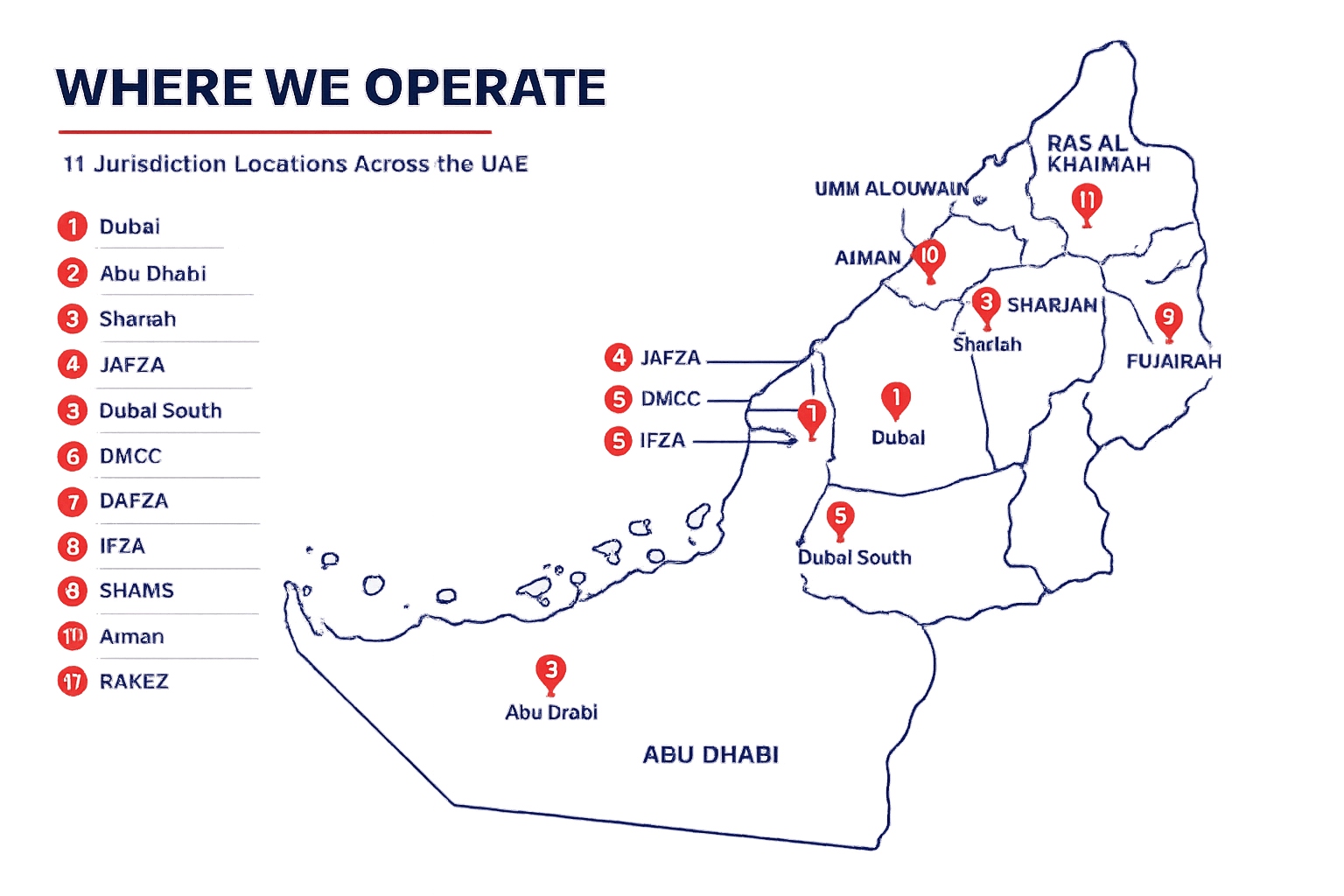 UAE map showing where Modest UAE operates — mainland and free zones